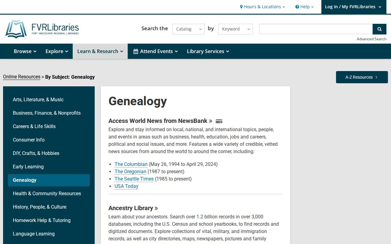 Hazel Dell public records research through FVRL genealogy resources