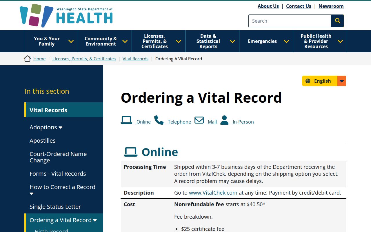 Hazel Dell public records access through the Washington vital records ordering page